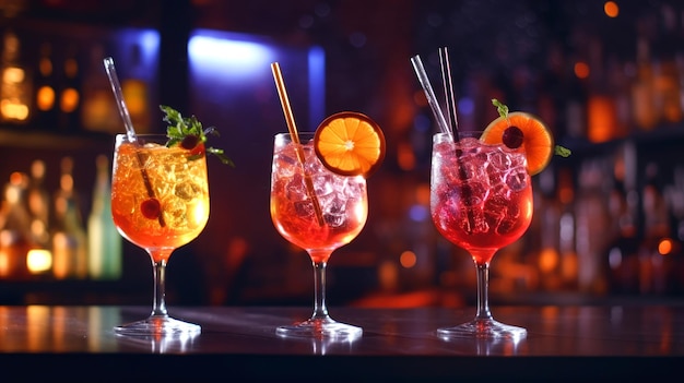 Drei Gläser mit Cocktails mit Eis auf der Bartheke mit Feiertagsgetränken für eine Party