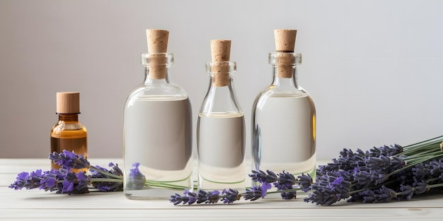 Drei Glasflaschen Lavendel auf einem weißen Tisch mit Lavendel auf der Oberseite.