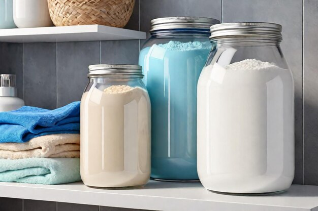 Foto drei glasgläser, gefüllt mit weißblauem und beigefarbenem waschpulver