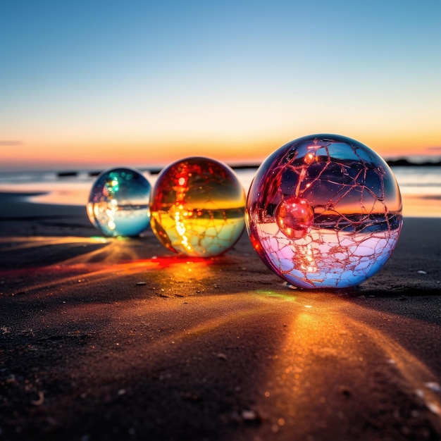 Drei Glaskugeln am Strand, hinter denen die Sonne untergeht.