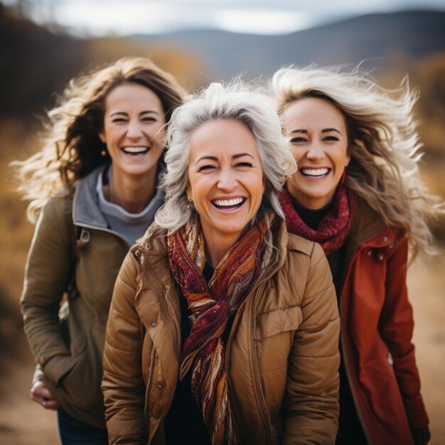 Drei glückliche Frauen lachen draußen zusammen