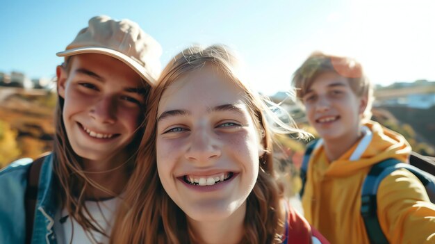 Drei glückliche Freunde machen ein Selfie im Freien Das Mädchen in der Mitte lächelt und hat die Augen weit geöffnet Sie trägt ein hellfarbenes Hemd