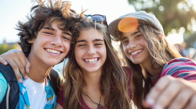 Drei glückliche Freunde machen gemeinsam ein Selfie im Freien. Der Junge auf der linken Seite umarmt das Mädchen in der Mitte.