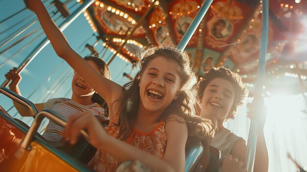 Drei glückliche Kinder fahren auf einem Karussell auf einem Fest. Sie lächeln alle und haben Spaß.