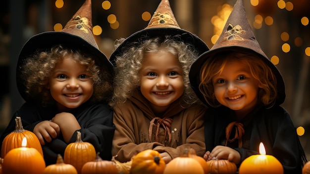 Drei glückliche kleine Hexen auf einer Halloween-Party zur Feier von Allerheiligen. KI generiert