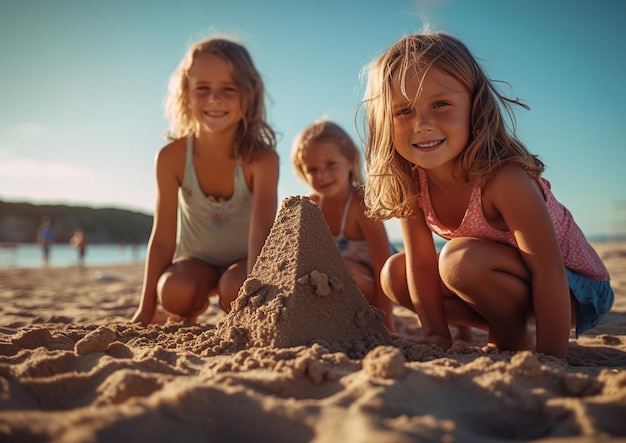 Drei glückliche kleine Mädchen spielen in den Sommerferien mit Sand am sonnigen StrandMacroAI Generative