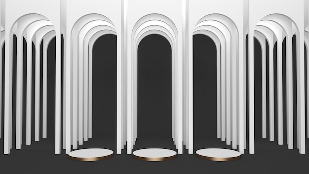 Drei goldene Podeste Weiße Rundbögen innen auf schwarzem Hintergrund 3D-Rendering