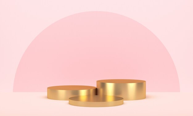 Drei goldene runde Displays für Produkt auf Pink
