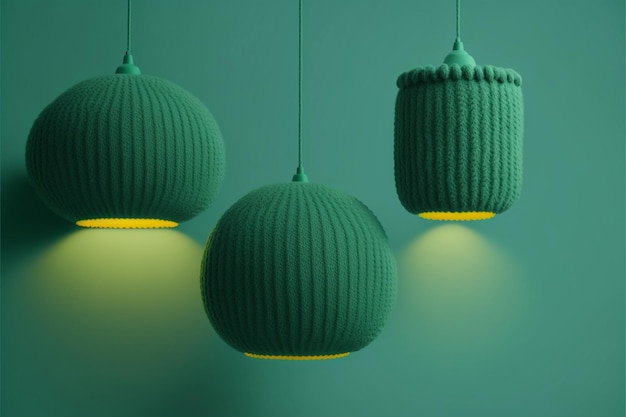 Drei grüne Lampen, die von einer generativen ai der grünen Wand hängen