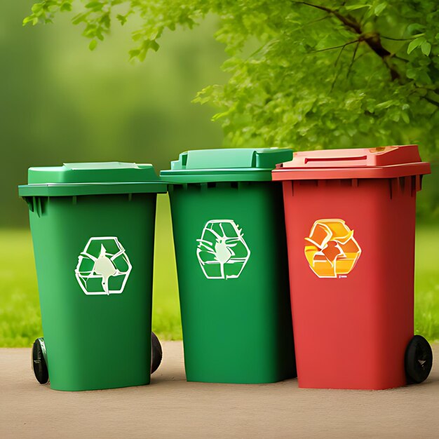 drei grüne Müllcontainer mit einem Recycling-Logo und einem Baum im Hintergrund