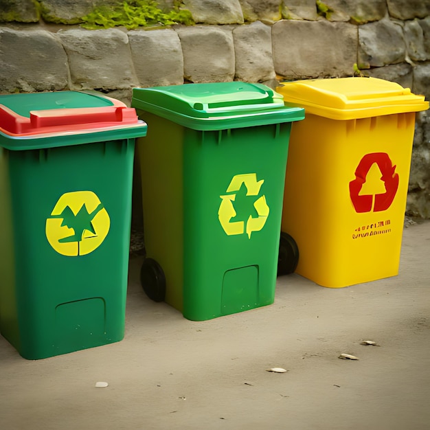 drei grüne und gelbe Recyclingbehälter mit einem, auf dem steht, dass es recycelbar ist