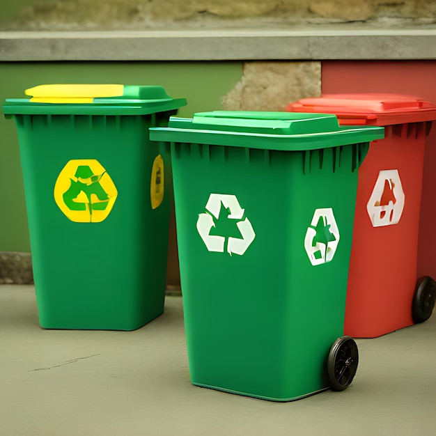 drei grüne und gelbe Recyclingbehälter mit einem, auf dem steht: "Recycle"