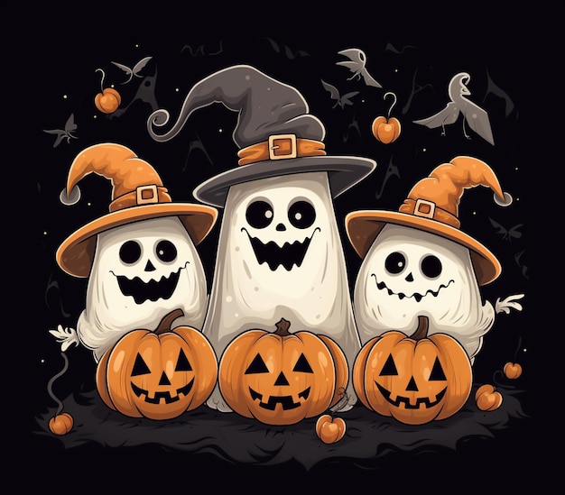 Drei Halloween-Geister in Hüten und Kürbissen mit Fledermäusen generative KI