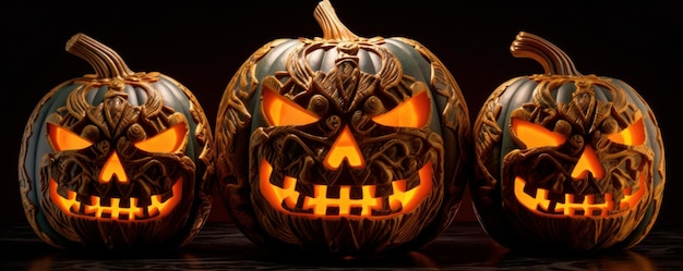 Drei Halloween Jack O39 Lantern Kürbisse mit generativer KI-Technologie erstellt