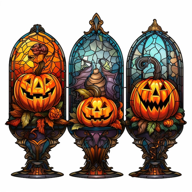 Drei Halloween-Kürbisse aus Buntglas sitzen auf einem Sockel