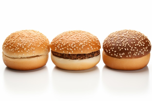 Drei Hamburger mit verschiedenen Toppings auf einer weißen oder klaren Oberfläche PNG durchsichtiger Hintergrund