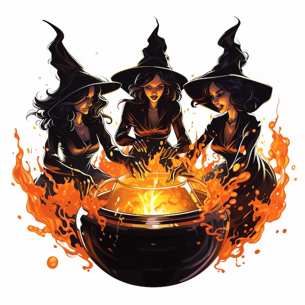 Drei Hexen bereiten einen Kessel mit Feuer in einem Kessel mit generativer KI vor