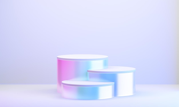 Drei Hologramm-Farbpodestzylinder zeigen Hintergrund rosa blaues Licht mit sauberer Wand in Lila an
