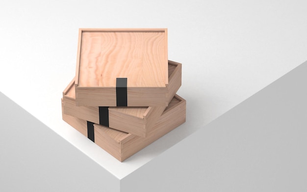 Drei Holzkiste Mockup mit schwarzem Aufkleber, Sperrholz. 3D-Rendering