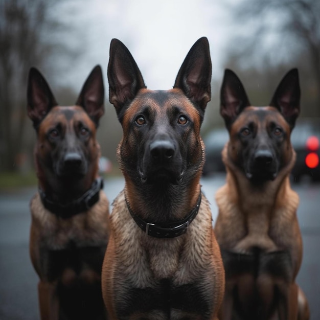 Drei Hunde stehen vor einem Auto mit dem Wort Polizei auf der Vorderseite.