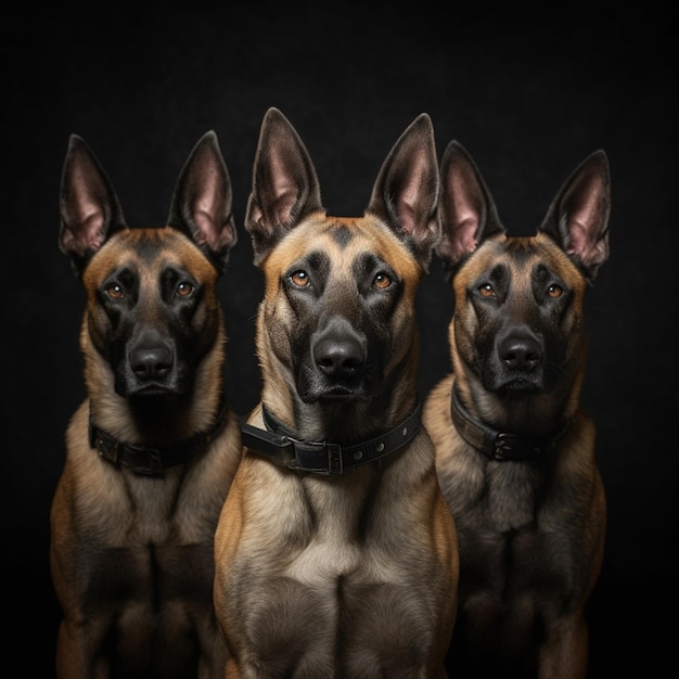 Drei Hunde stehen vor einem dunklen Hintergrund.