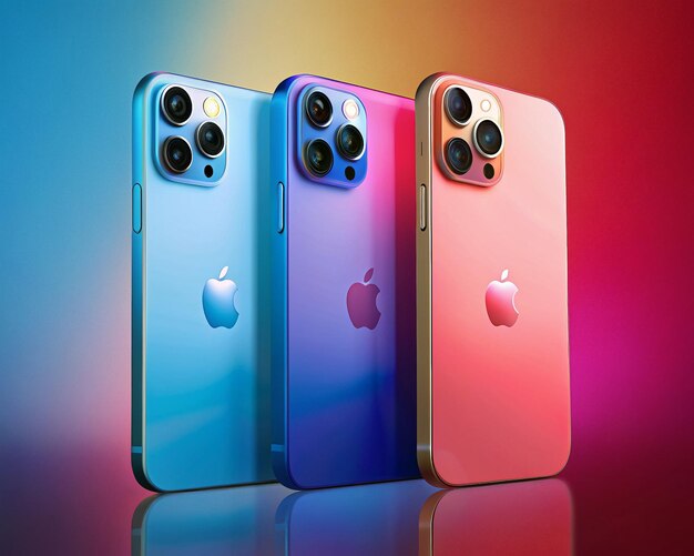 drei iPhones sind in einer Reihe angeordnet, wobei die Rückseite beleuchtet ist