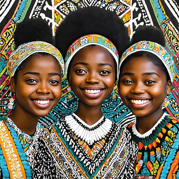 Drei junge afrikanische Mädchen malen ein Bild, das ein sehr traditionelles Festkleid darstellt