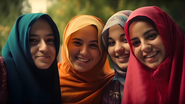 Drei junge Frauen lächeln und tragen Kopftuch, eine trägt ein Kopftuch.