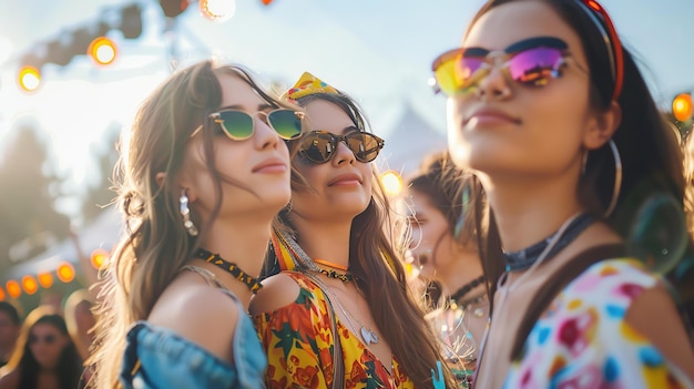 Drei junge Frauen mit Sonnenbrille und modischen Kleidern stehen im Freien nahe beieinander