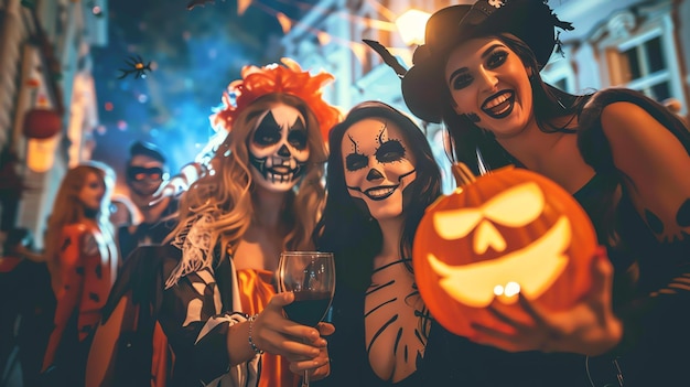 Drei junge Frauen sind in Halloween-Kostüme gekleidet, alle tragen aufwändiges Make-up und eine von ihnen trägt eine Maske.