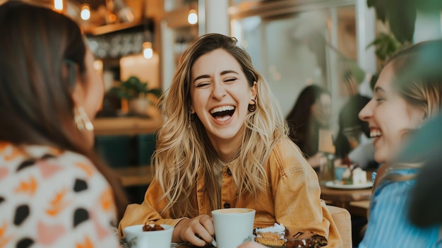 Drei junge Frauen sitzen in einem Café, trinken Kaffee und lachen