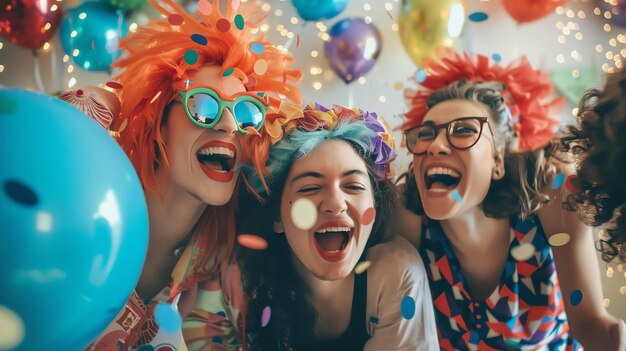 Drei junge Frauen veranstalten eine Party, sie tragen farbenfrohe Perücken und Brillen und sie lächeln und lachen alle.