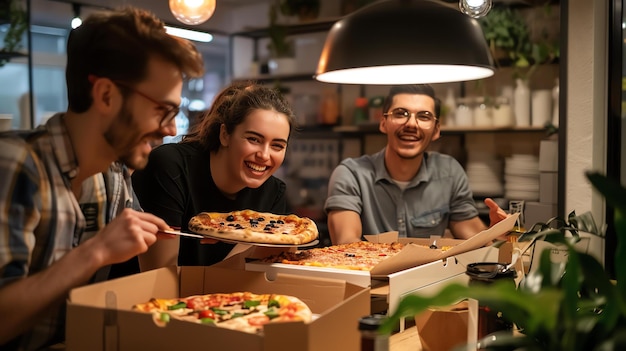 Drei junge Freunde genießen zusammen Pizza. Sie sitzen an einem Tisch in einem Restaurant oder zu Hause. Der Tisch ist mit Pizza-Kisten bedeckt.