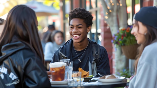 Drei junge Freunde sitzen an einem Tisch außerhalb eines Restaurants und reden und lachen