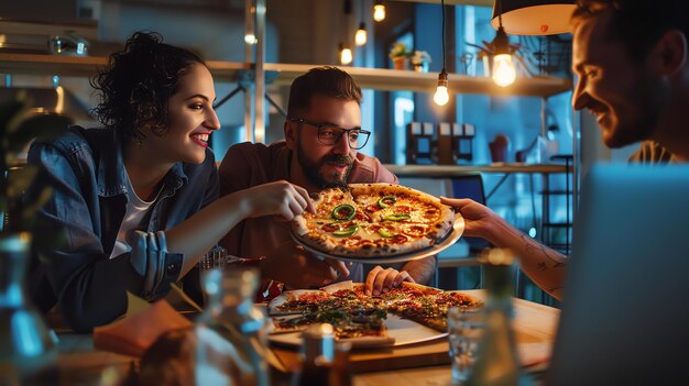 Drei junge Freunde sitzen um einen Tisch in einem Restaurant und essen Pizza und trinken Wein