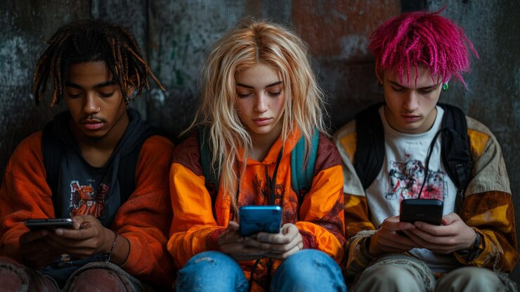 Foto drei junge leute sitzen und benutzen smartphones