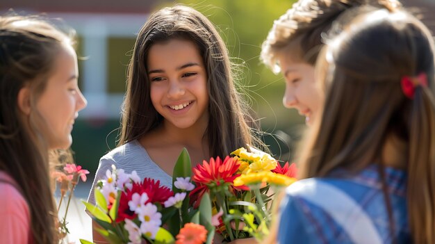 Drei junge Mädchen stehen draußen, sie lächeln alle und sehen glücklich aus, zwei der Mädchen halten Blumensträuße.