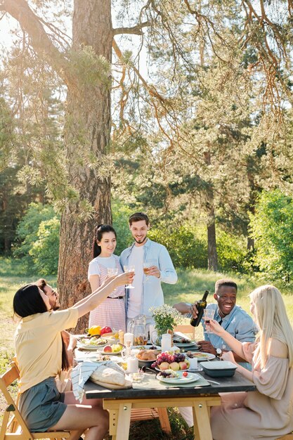 Drei junge multikulturelle Paare, die mit Gläsern Wein über dem festlichen Tisch klirren, während sie Abendessen im Freien unter Kiefer genießen