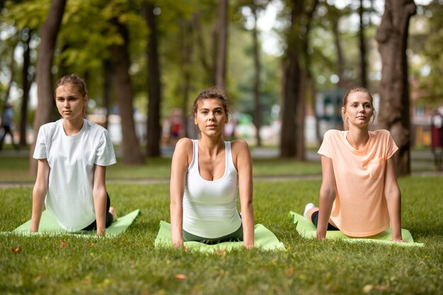 Drei junge schlanke Mädchen, die an einem warmen Tag auf Yogamatten auf grünem Gras im Park dehnen. Yoga unter freiem Himmel.