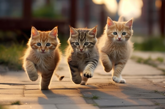 Drei Kätzchen laufen auf einem Bürgersteig, eines davon ist das Wort „Katze Generative KI“.