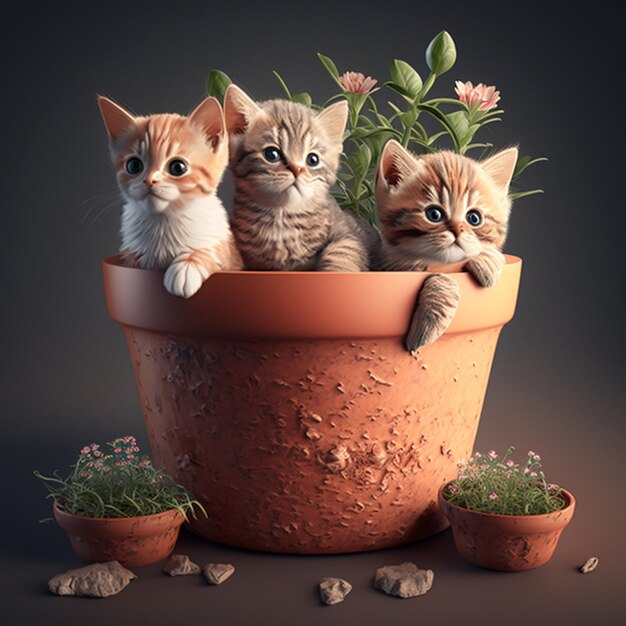 Drei Kätzchen sitzen in einem Blumentopf mit Blumen.