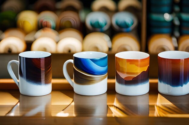 drei Kaffeetassen, auf einer steht „Kunst“.