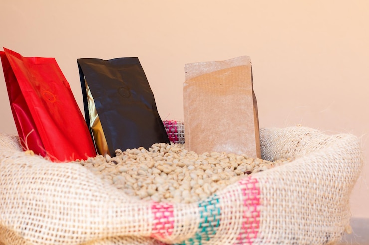 Drei Kaffeeverpackungsbeutel. Papiertüten für Kaffee auf einem Sack voller Kaffeebohnen.