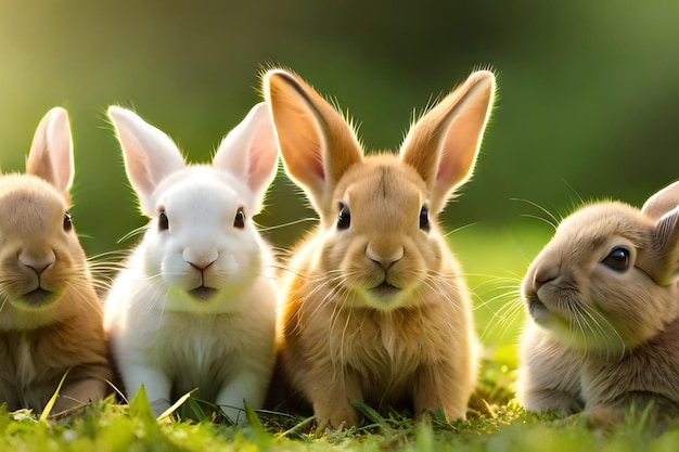 Drei Kaninchen auf einem Feld, auf das die Sonne scheint