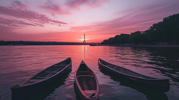Drei Kanus schwimmen bei Sonnenuntergang auf einem See