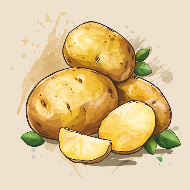 Foto drei kartoffeln auf braunem hintergrund illustrationsskizze