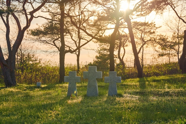 Drei katholische Steinkreuze auf grünem Gras bei Sonnenuntergang auf dem deutschen Soldatenfriedhof in Europa. Denkmal für tote Soldaten des Zweiten Weltkriegs in Baltiysk, Oblast Kaliningrad, Russland