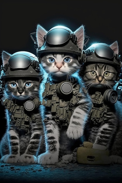 Drei Katzen in Militäruniformen mit Helmen generativer KI