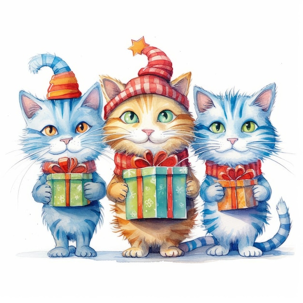 Drei Katzen mit Hüten und Geschenken