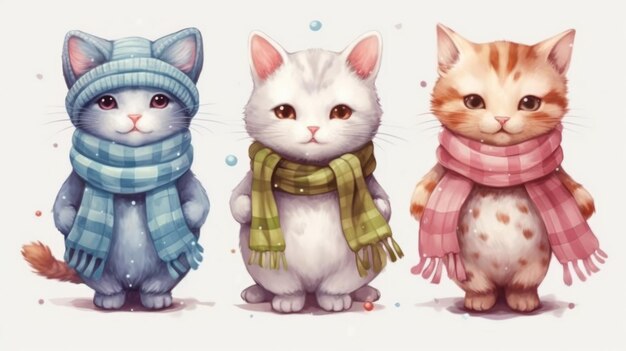 Drei Katzen tragen Schals und Tücher, eine trägt einen blau-rosa Schal.